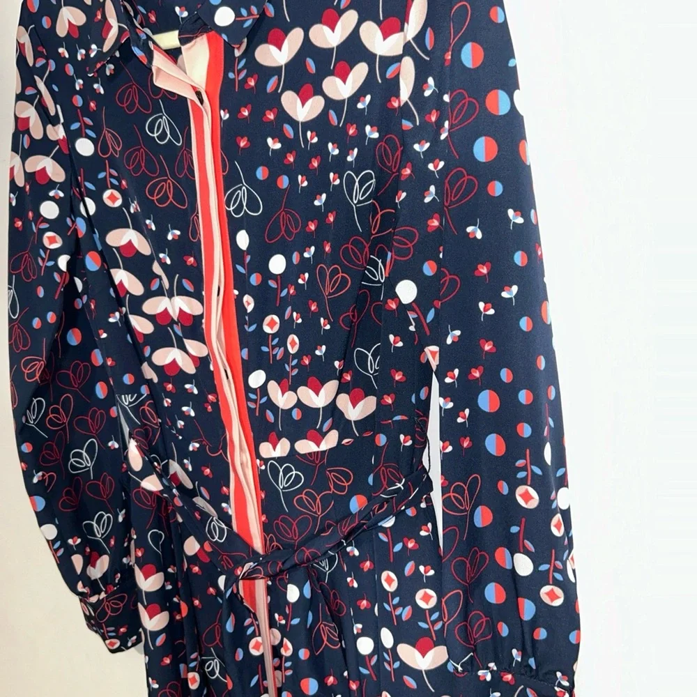 Boden Navy Floral-Print Long-Sleeve Shirt Dress with Coral Trim - Picture 3 of 8